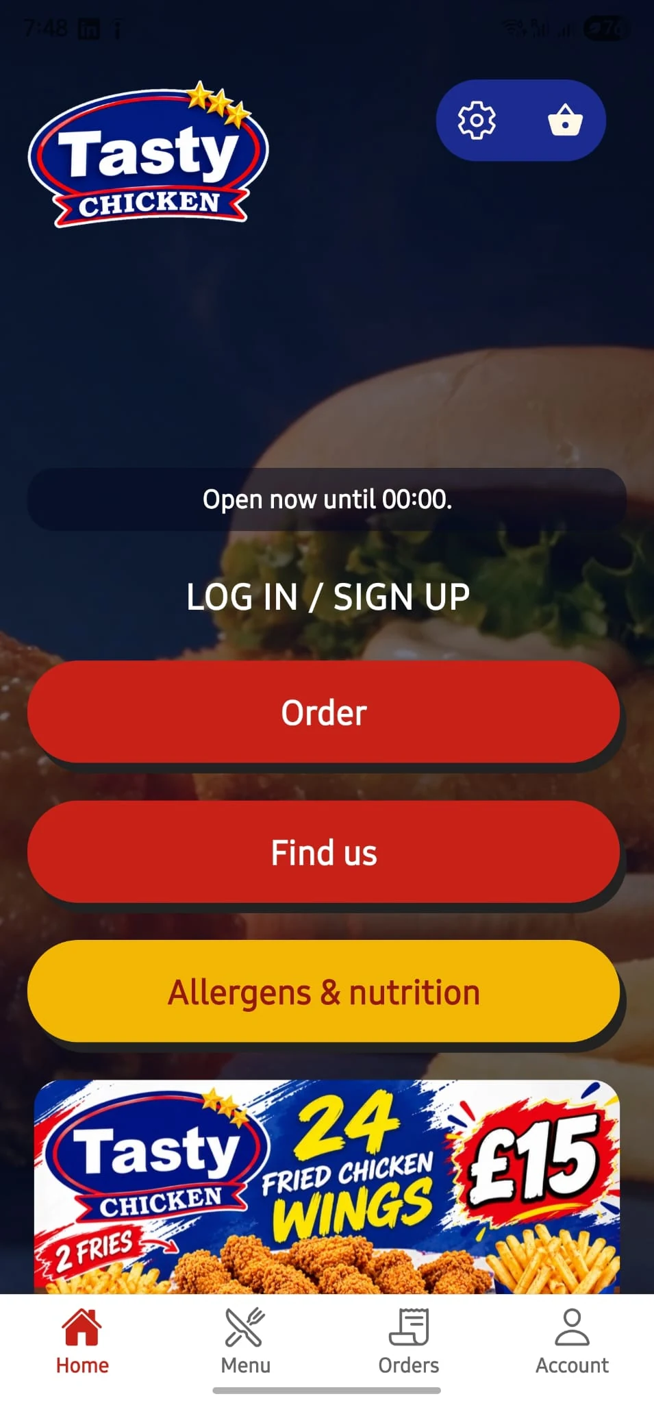 Tasty Chicken app home screen showing Open now until 00:00, with Order, Find us and Allergens and nutrition buttons.