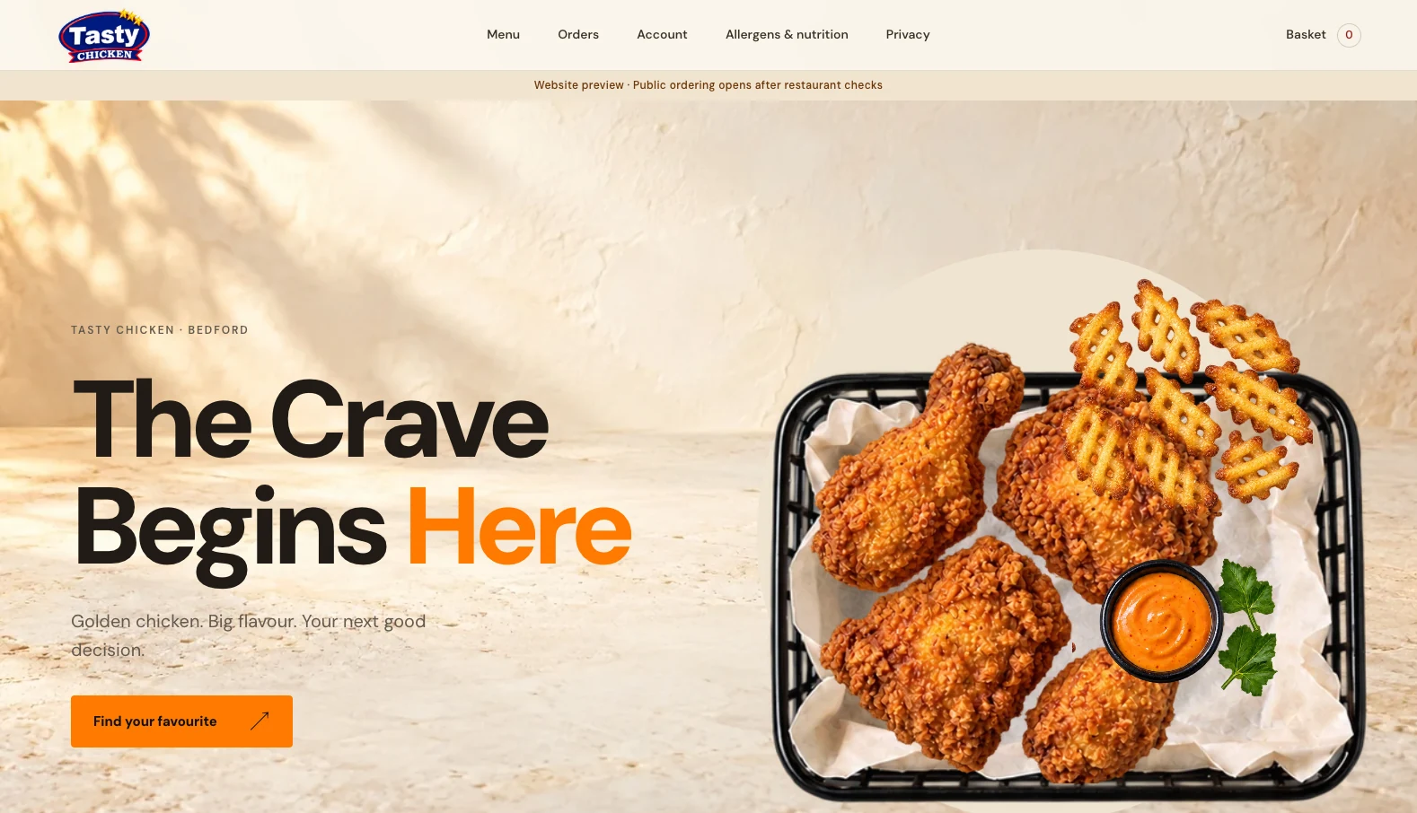 Tasty Chicken ordering website home page with the headline The Crave Begins Here and a preview notice saying public ordering opens after restaurant checks.